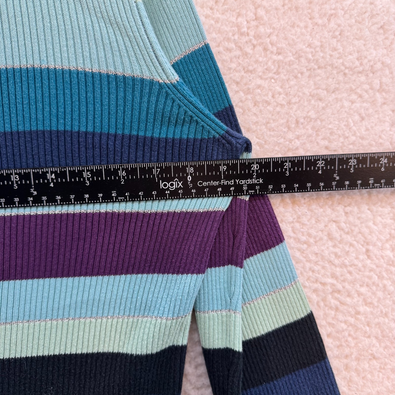 Y2K Vintage Striped Turtleneck Sweater Large XL Womens Blue Purple Rib Knit