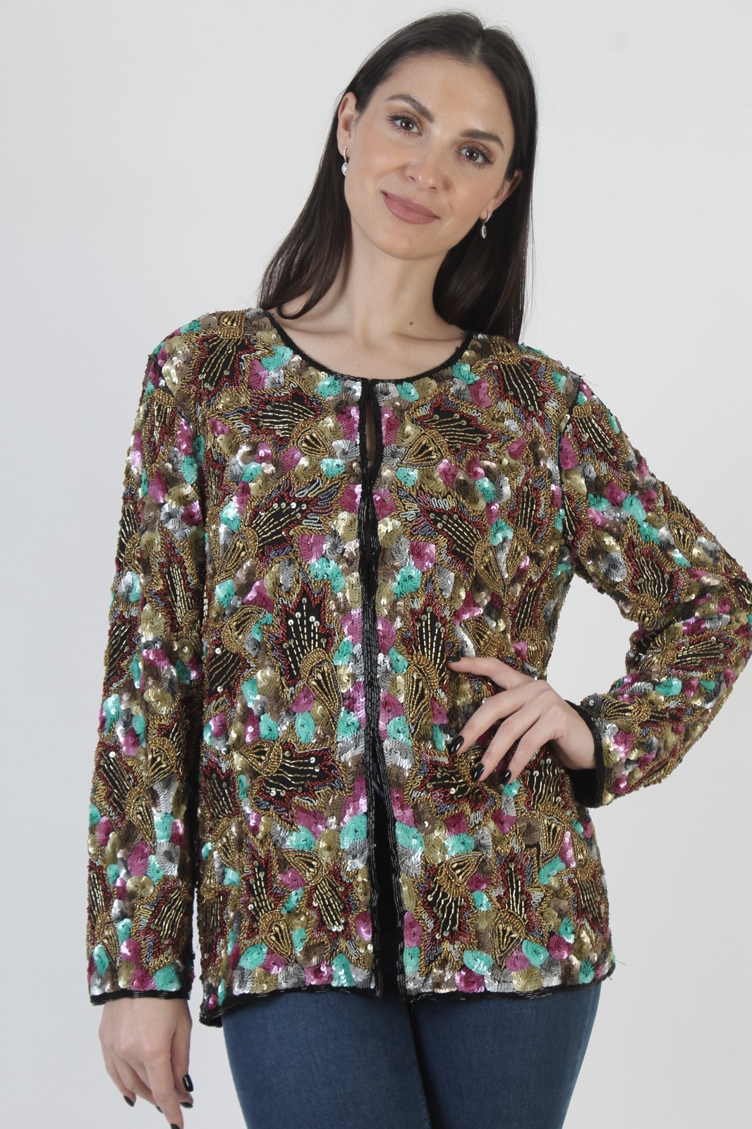 Vintage 80s Beaded Sequin Blazer Colorful Encrusted Sparkle Cropped Jacket