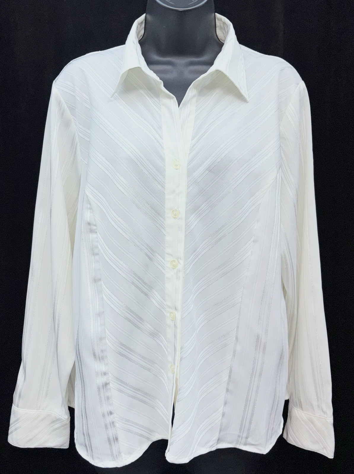 VTG Joanna Women Size PL Button Up Long Sleeve Collar V-Neck Top Silver Striped