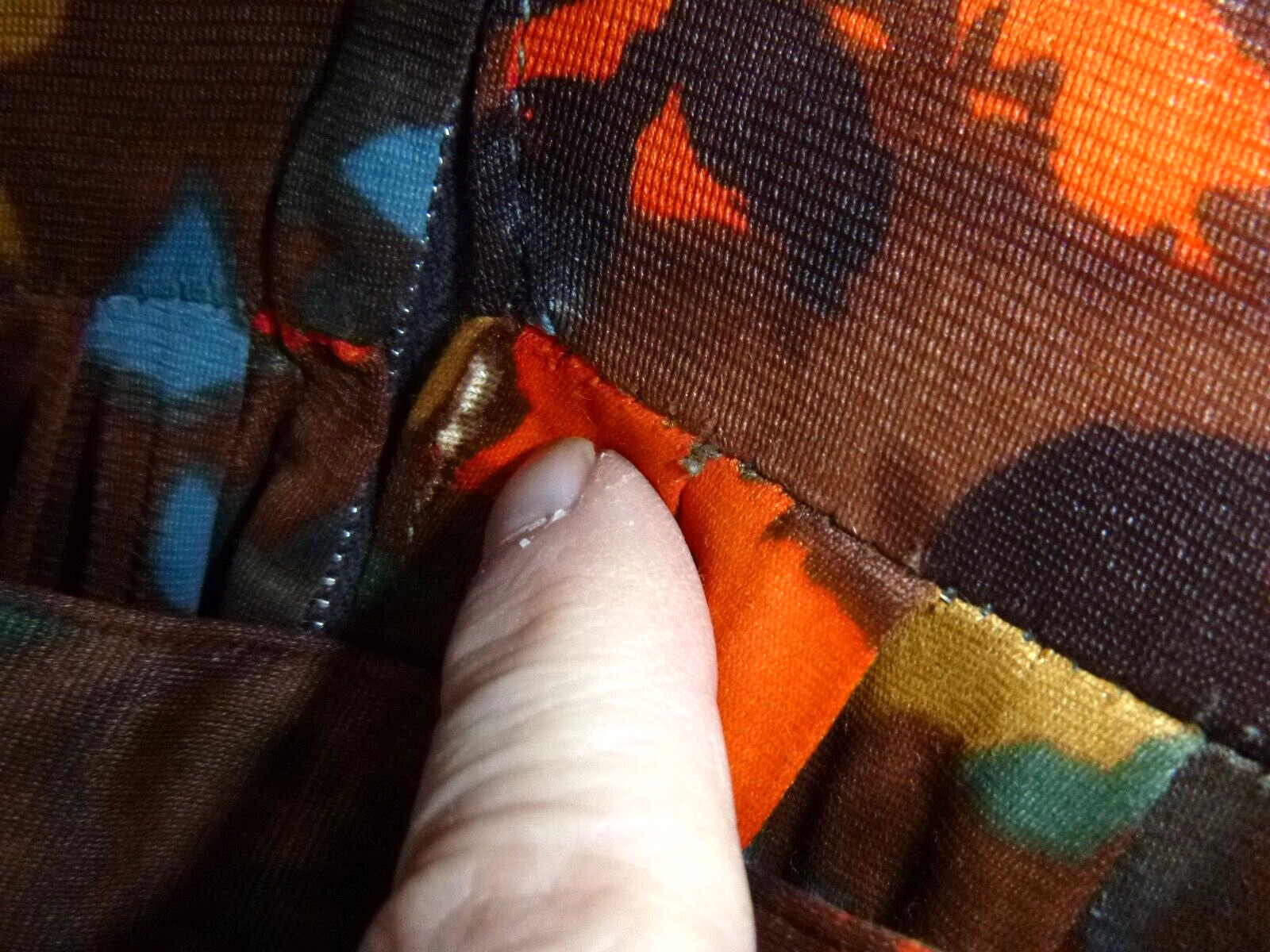 Vtg 60s Nylon Stretch Fabric Dress Multi Color Brown Orange Floral Sz S/M