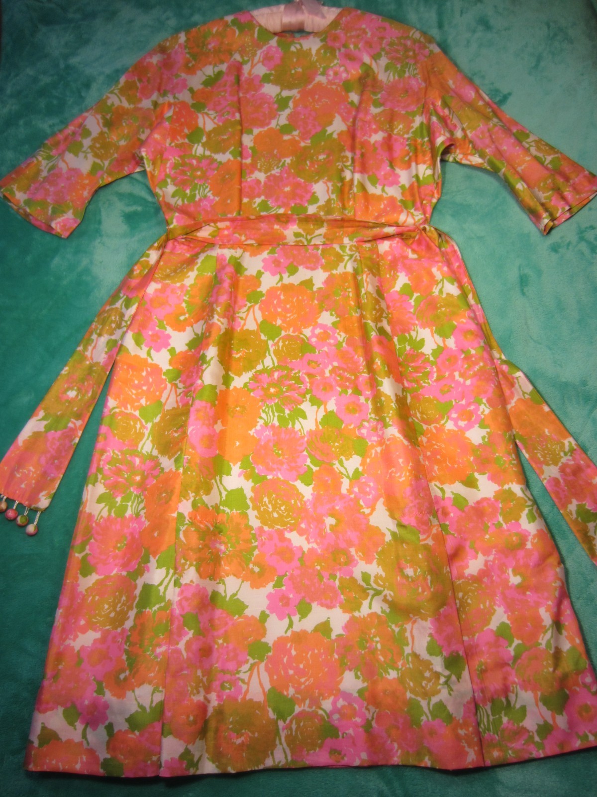 Vintage~Hand Sewn Silk Dress/Belt~60’s Era~Pink/Orange/Olive/Cream~Form Fitting
