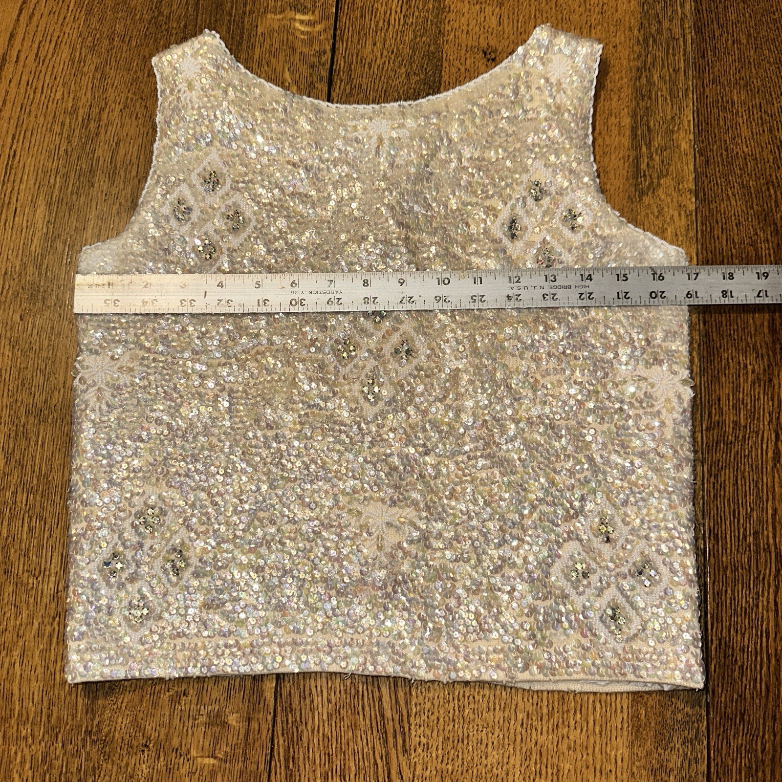 Vtg 50s 60s Hand Beaded Sequin Sleeveless Sweater Top Ivory 34 Glam Holiday Flaw