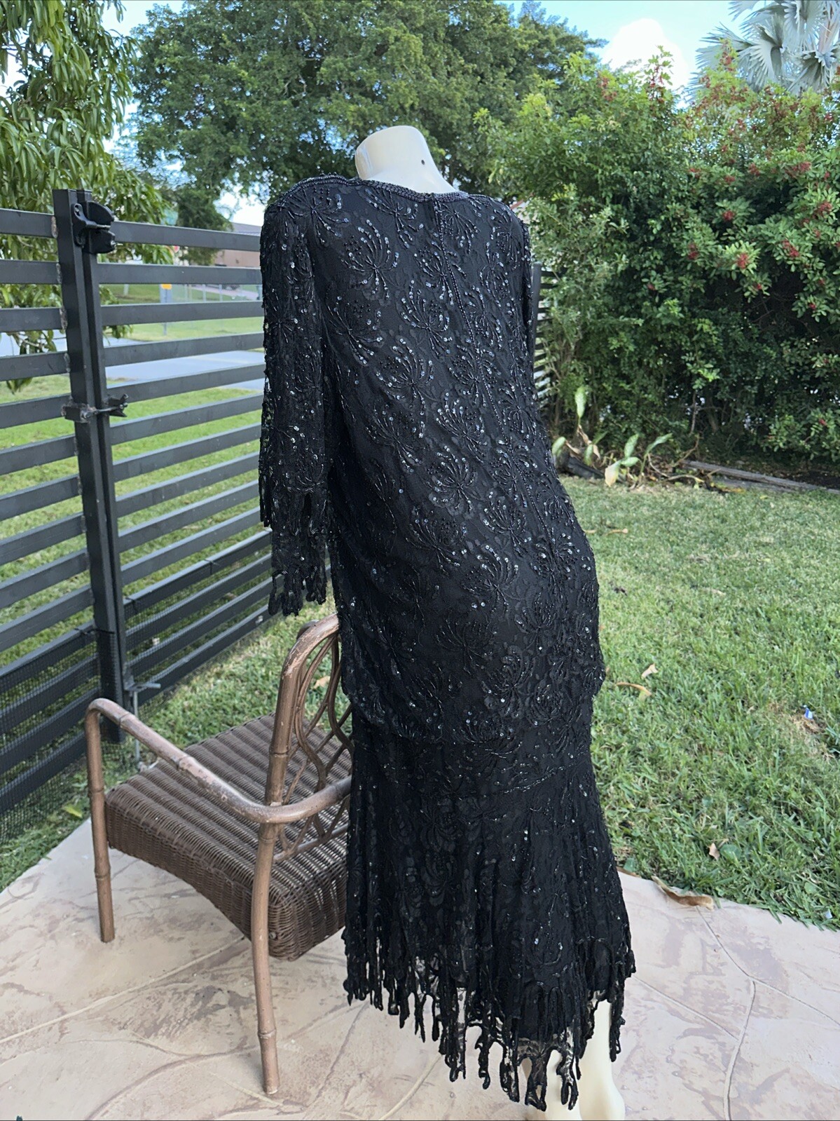 VTG JUDITH ANN CREATIONS BLACK SILK HEAVELY BEADED ASYMMETRIC HEM DRESS Sz XL
