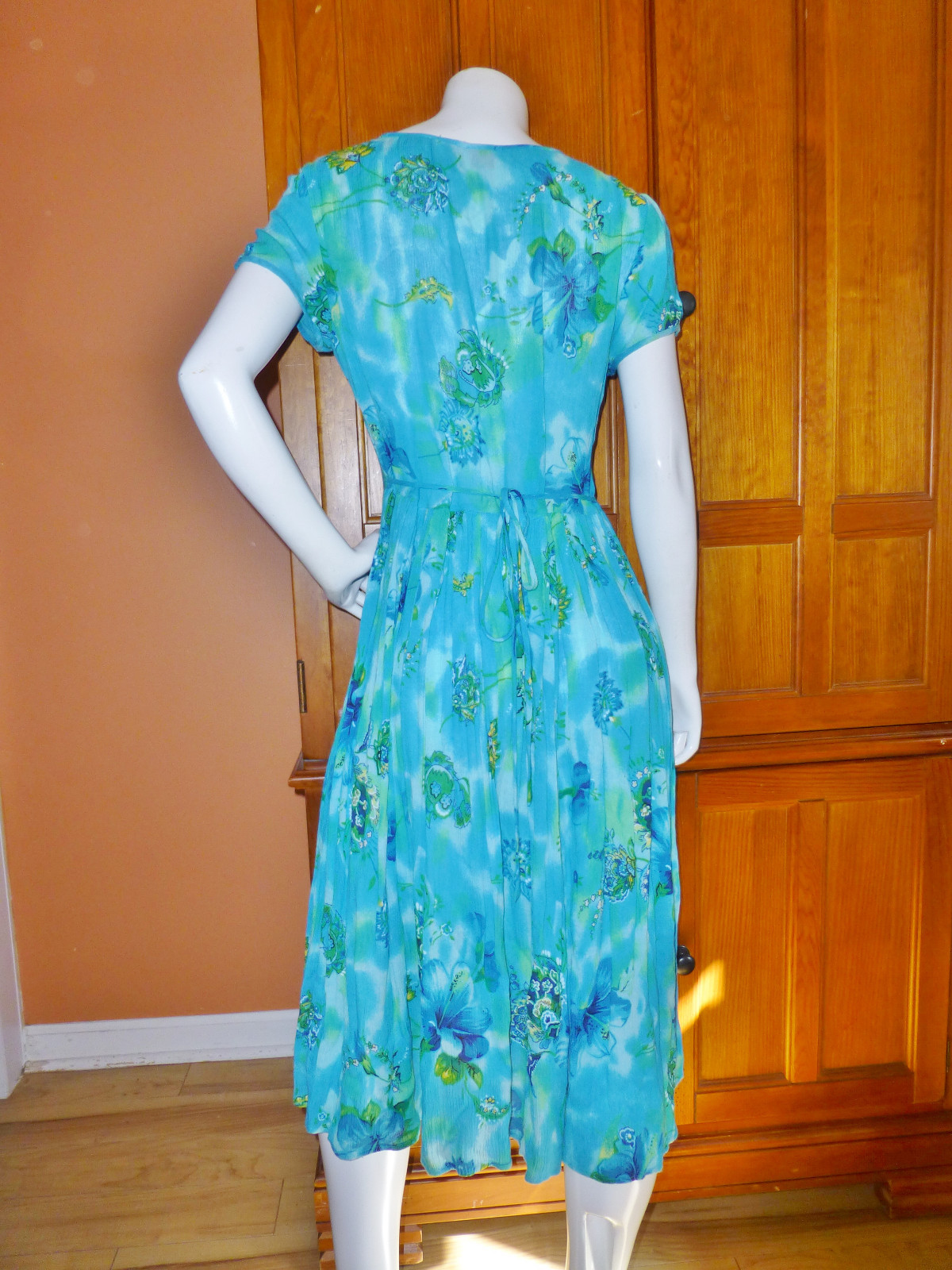 Vtg India Gauze Rayon Turquoise Ethnic Drape A line Boho Gypsy Midi DRESS S M