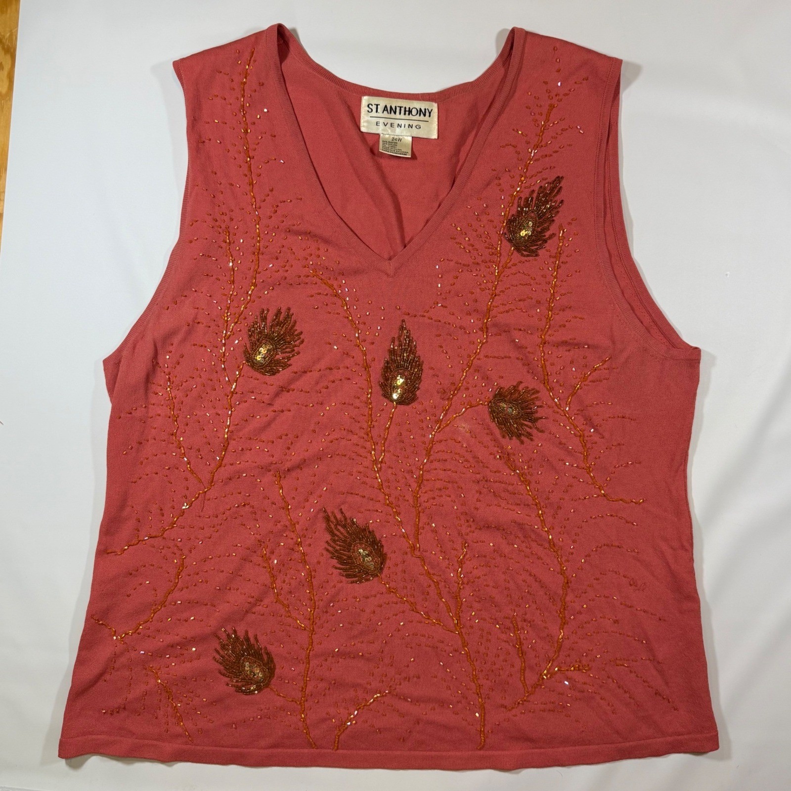 VTG St. Anthony Evening Beaded Peacock Top Womens 24W Coral Pink Sleeveless Knit
