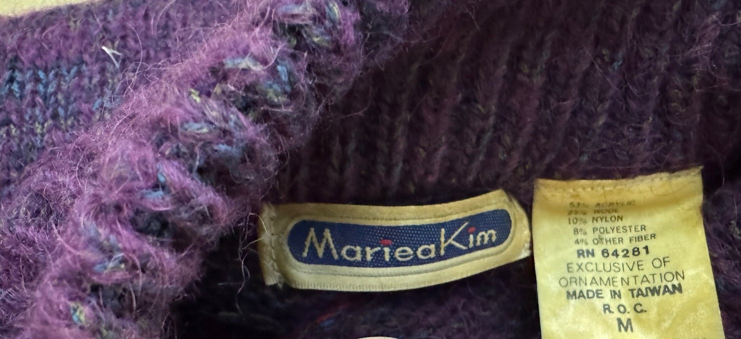Vintage 80s MARIEA KIM Purple Flower Power Wool Blend Mock Turtle Neck Sweater M