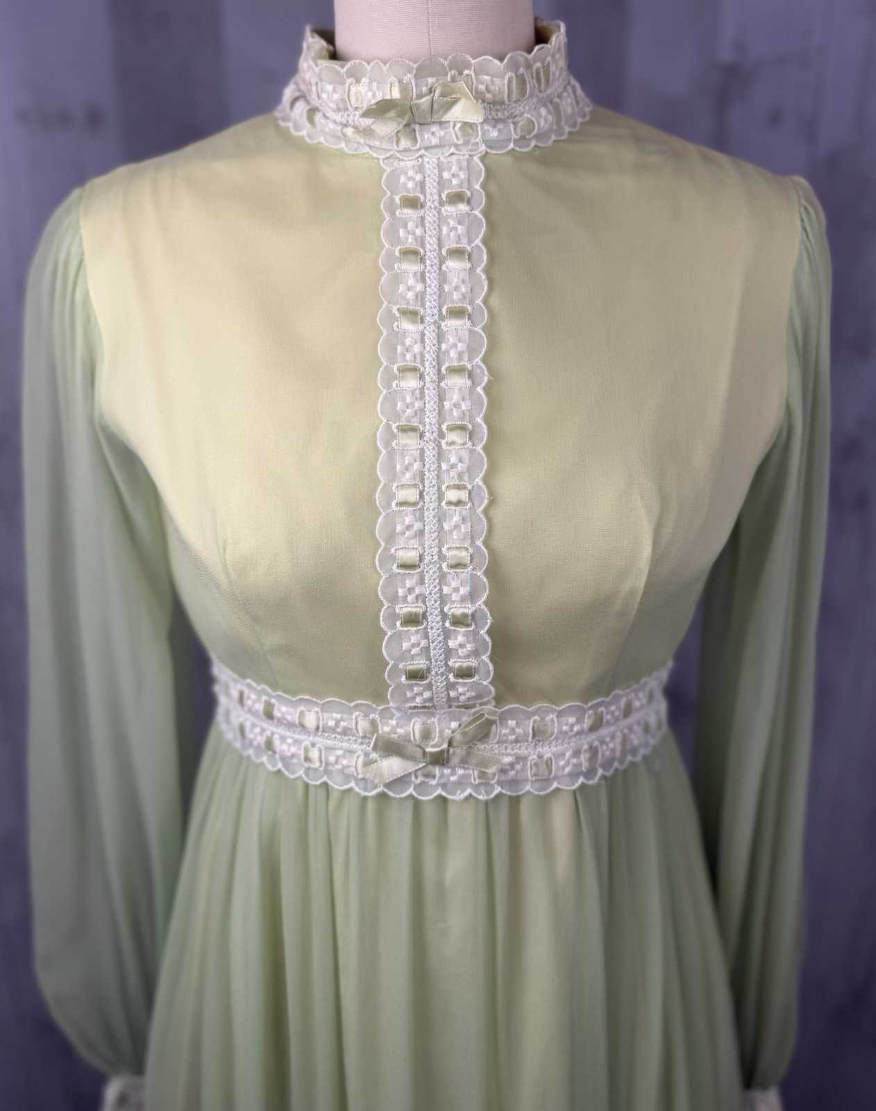 Vintage 70s Lorrie Deb Silk Chiffon Overlay Gown ~ Green Wedding Prom Maxi S/2