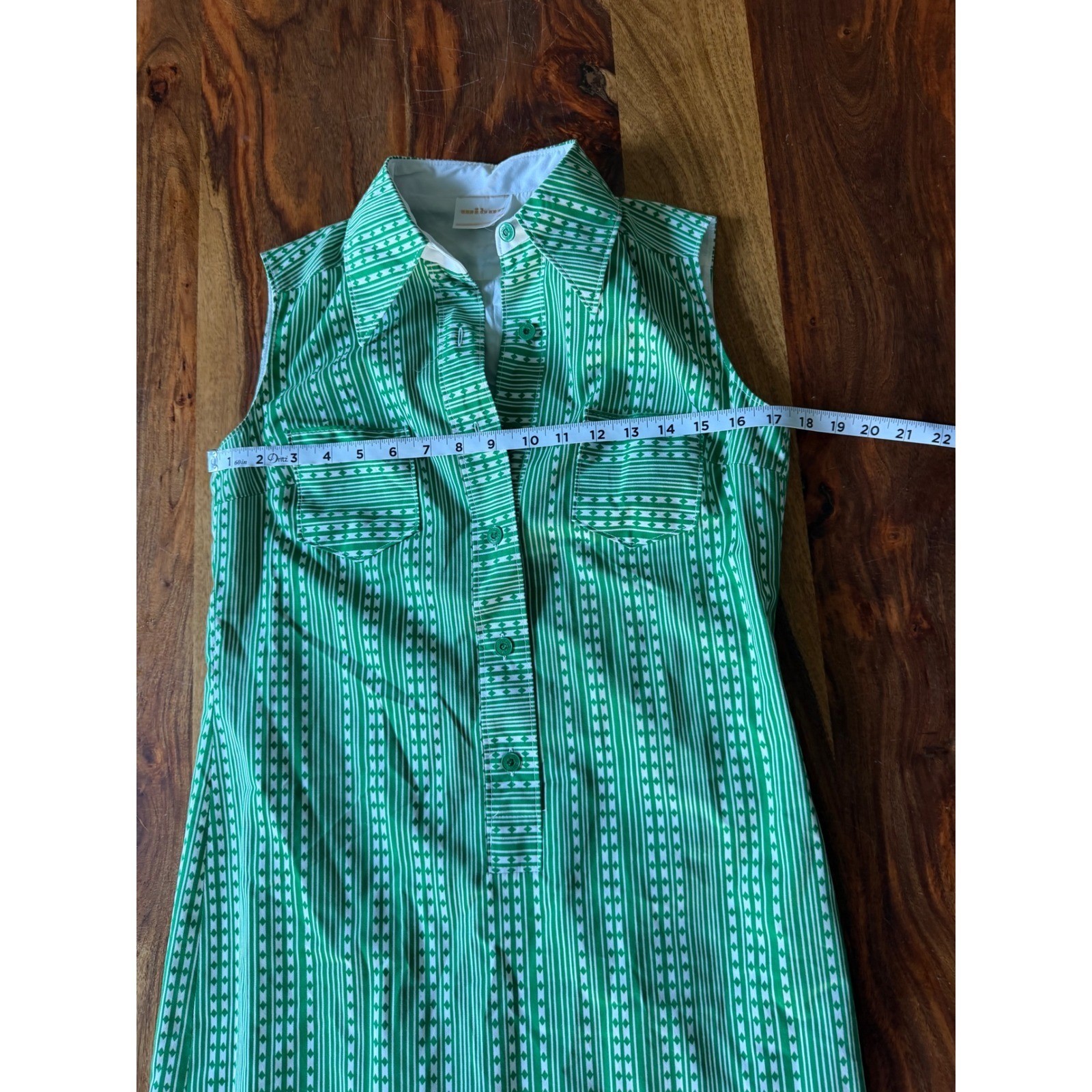 Vintage Wibor Green White Geometric Stripe Sleeveless Shift Shirt Dress 38 70s