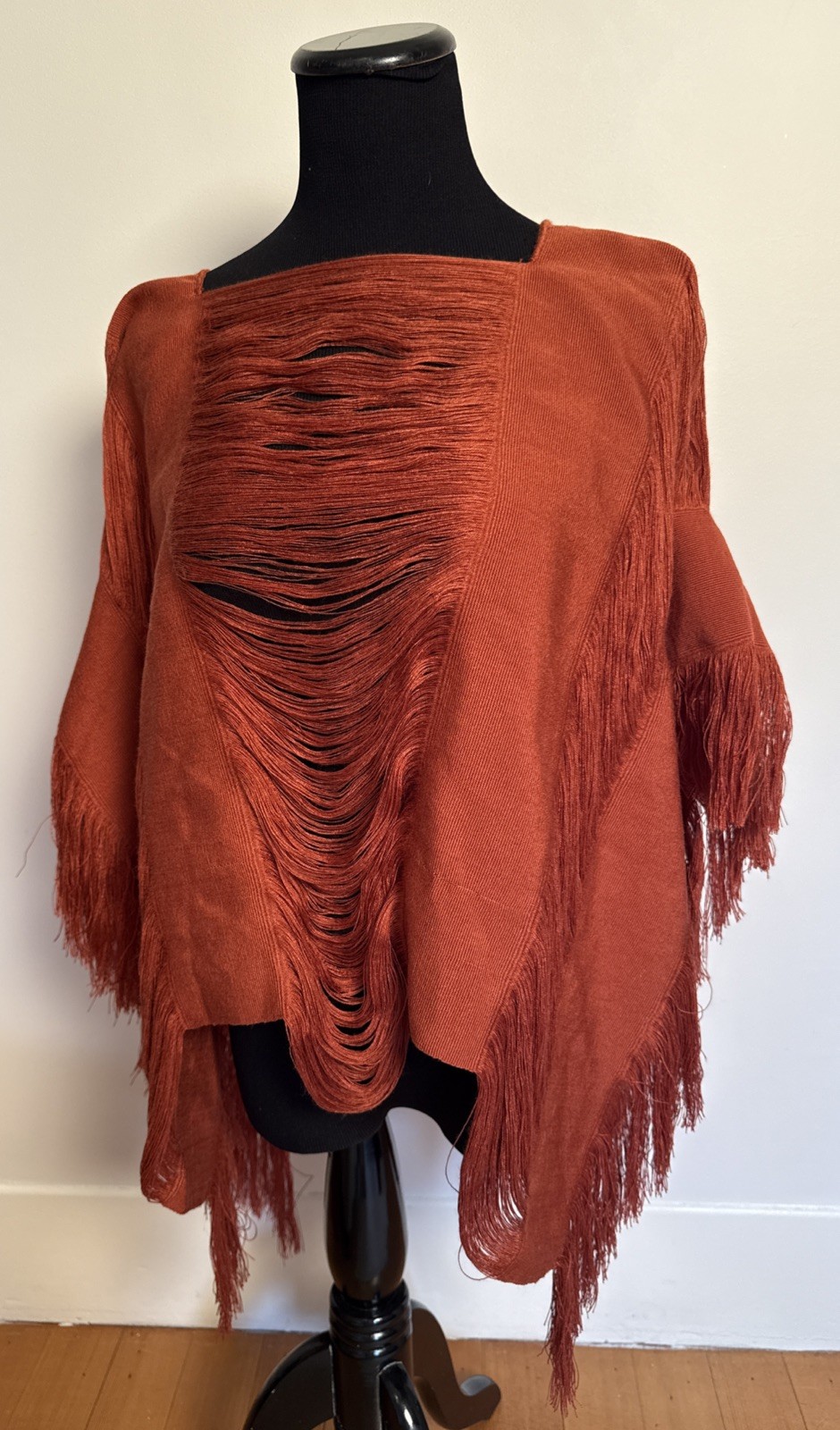 Burnt Orange Fringe Poncho Cover Up Festival Boho Coastal Cowgirl Mexico O/S