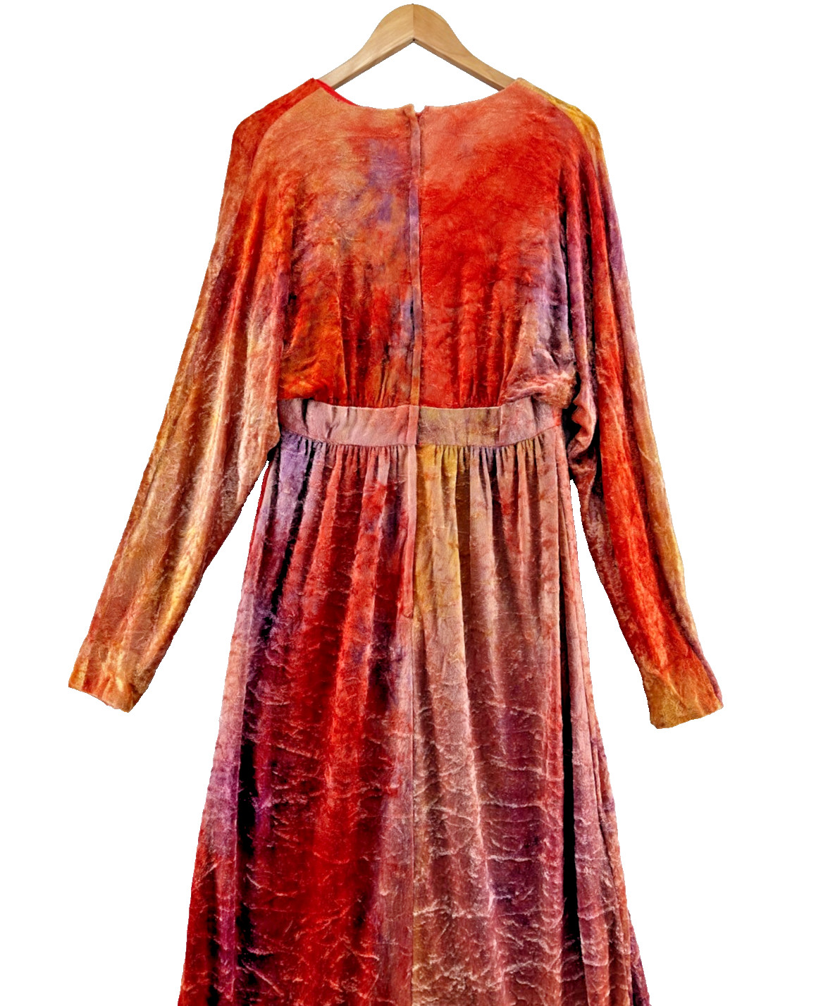 1970s Maxi Dress Vintage Disco Crushed Velvet Velour Orange Purple Size 16 Tag