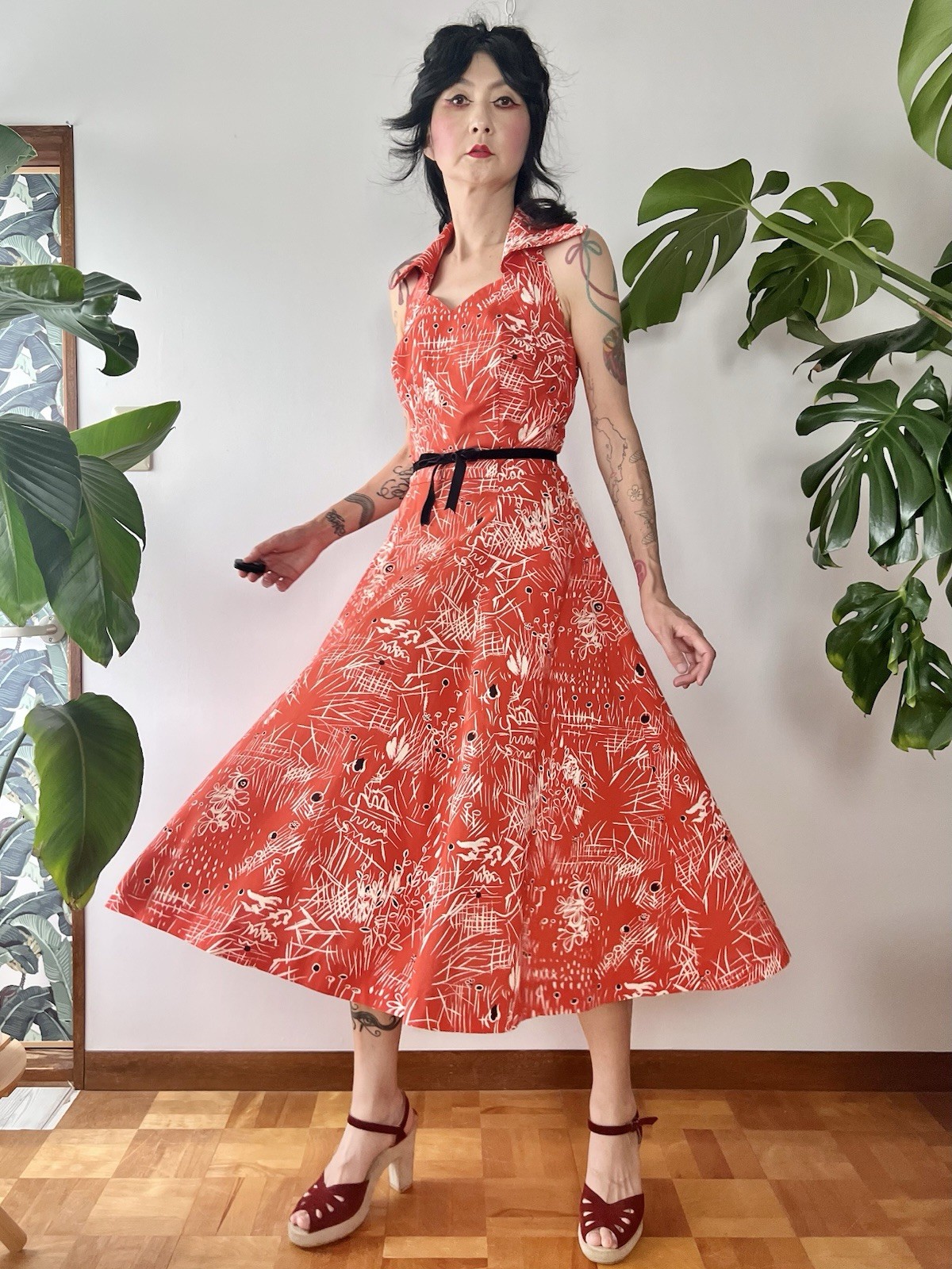 50s Abstract Print Collared Halter Neck Corset Lace Up Cotton Dress S/M LVL Tiki