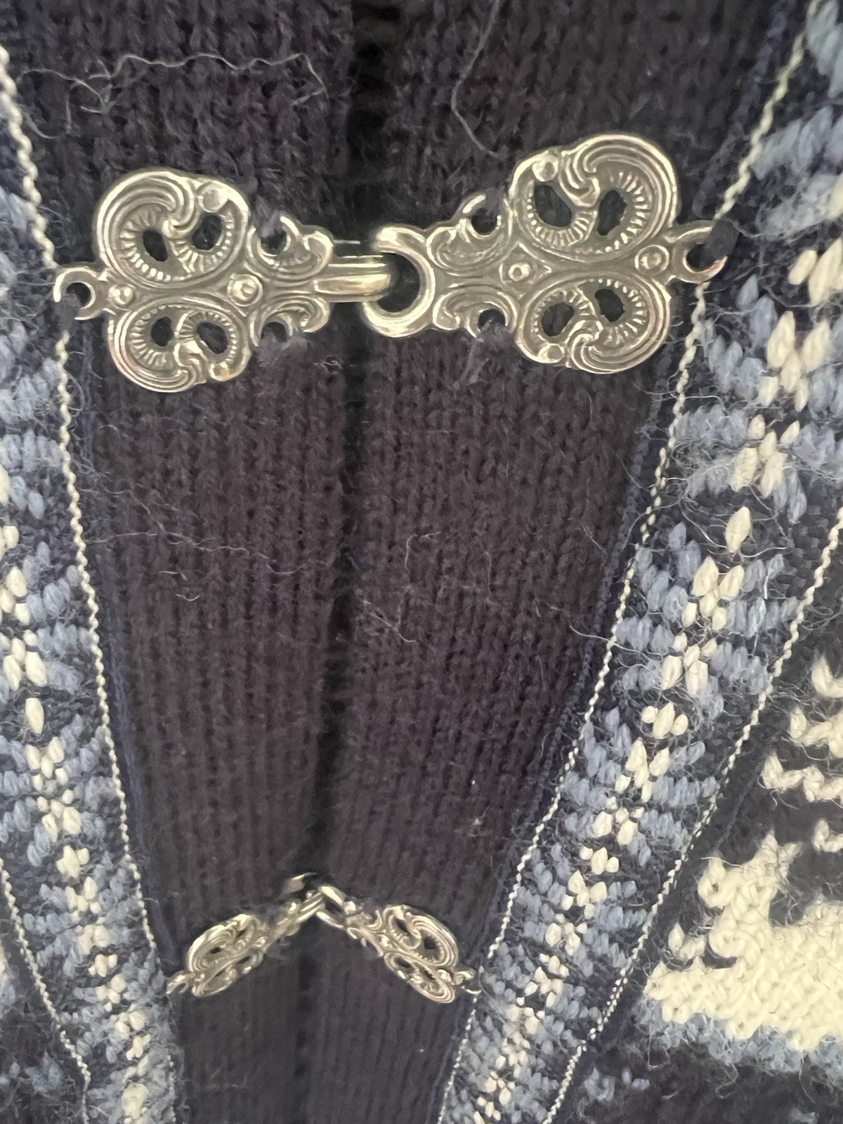 Vtg Nordstrikk Norwegian Wool Cardigan Sweater Blue White Metal Clasp Sz M