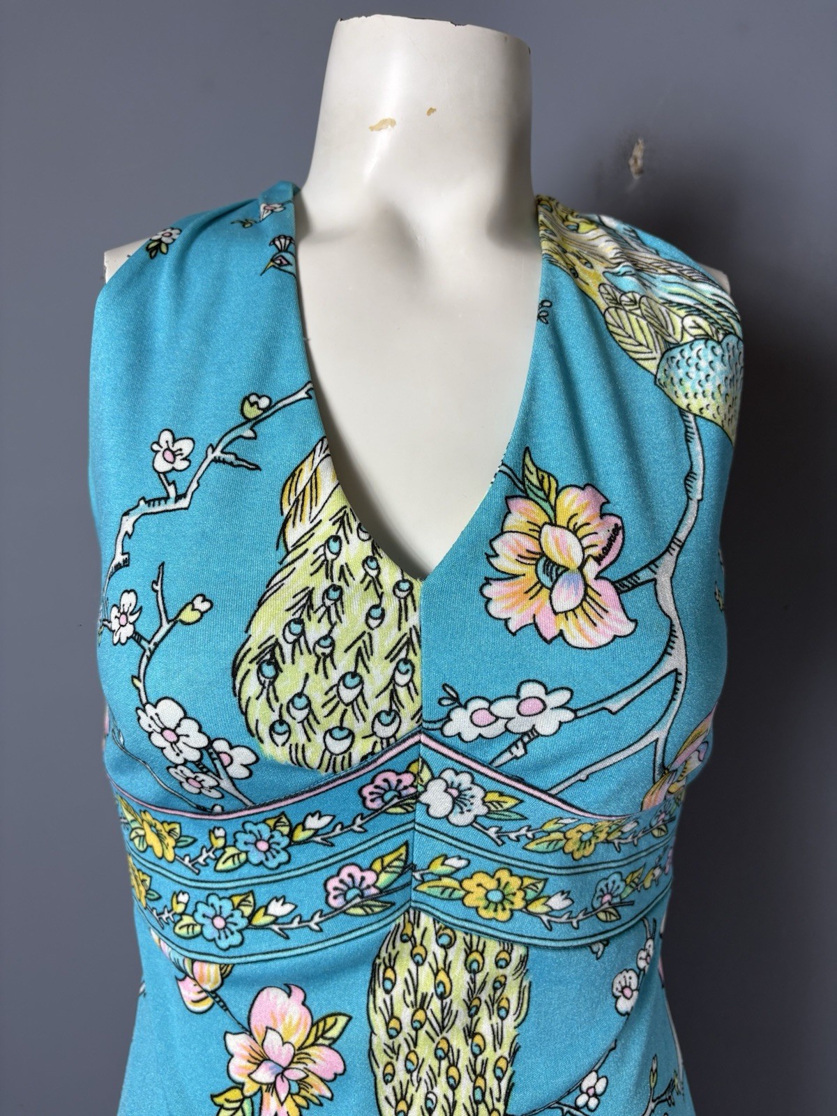 Vintage 70s Womens S Handmade Polyester Peacock Print Sleeveless Mini Dress