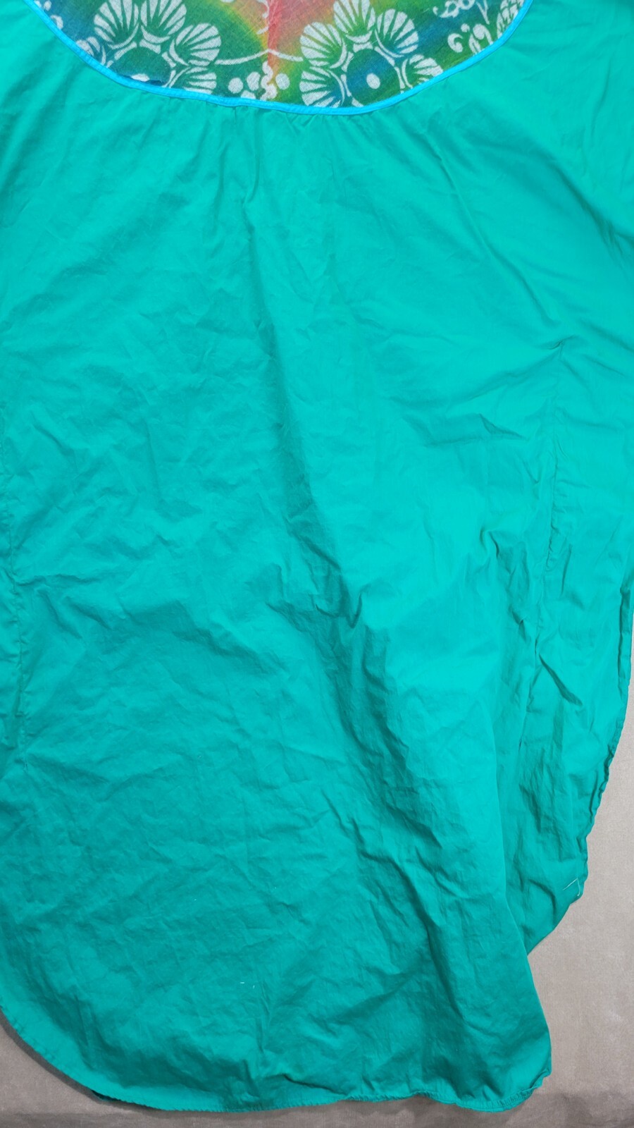 Vintage Womens Teal Muumuu With A Multi Colored Cheese Cloth Vneck Design