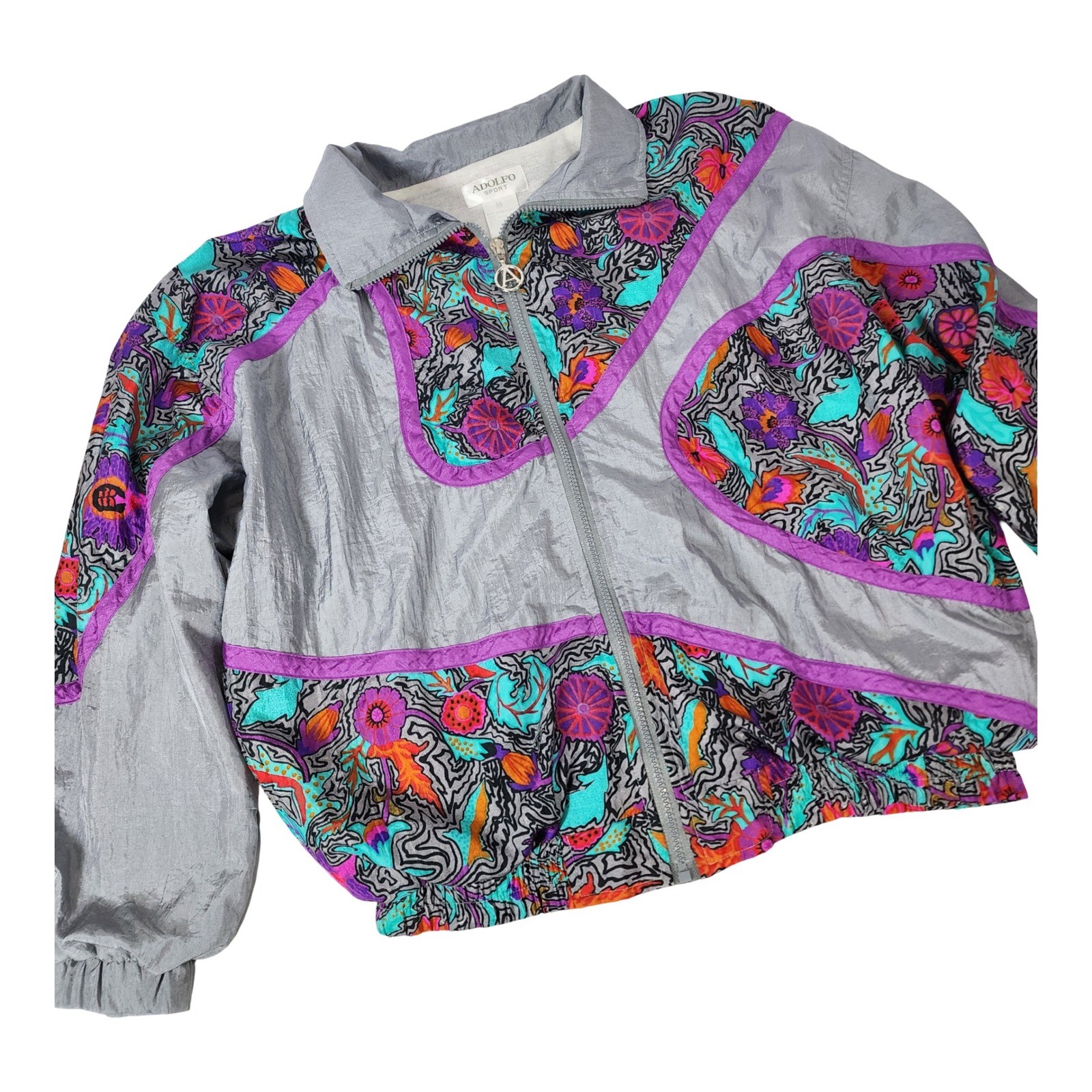 Adolfo Sport Vintage 90s Retro Windbreaker Jacket Silver Floral Abstract Zip M
