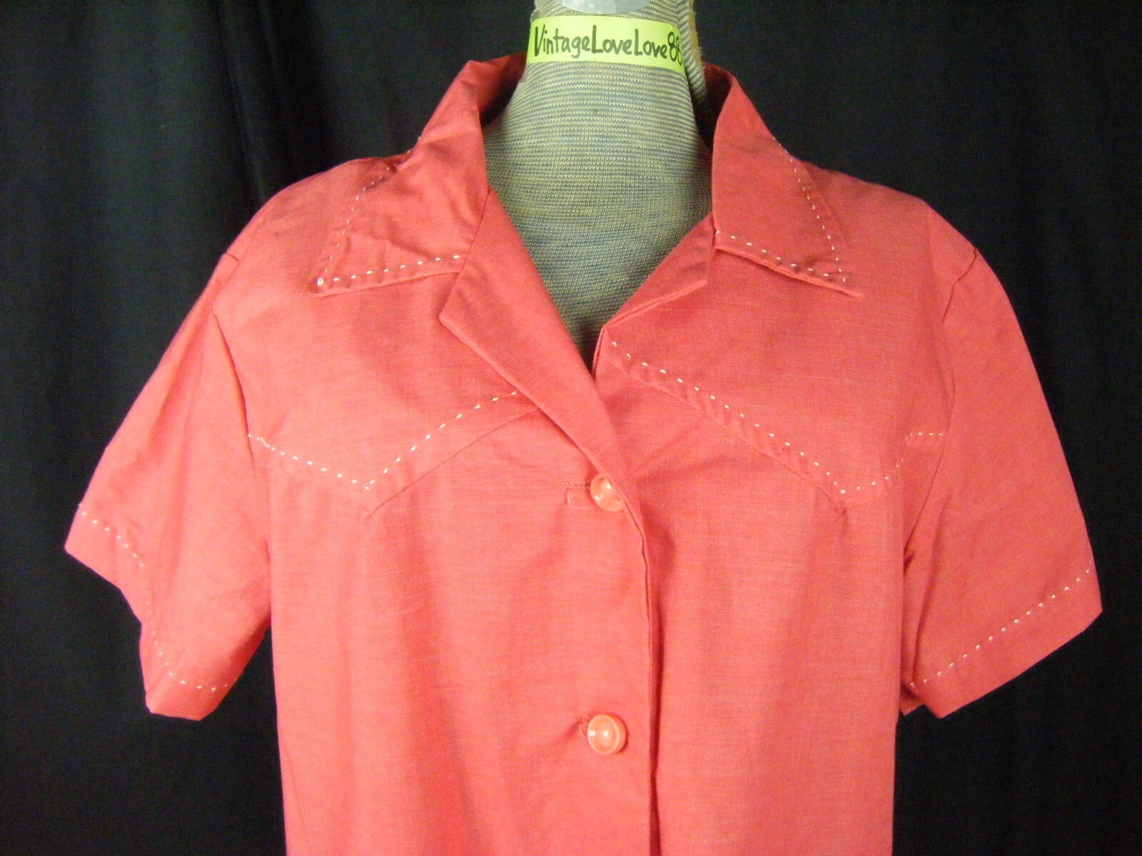 TOP MADE Vtg 70-80s Red White Stitches 60s Style Shirt Dress-Bust 49/L-XL