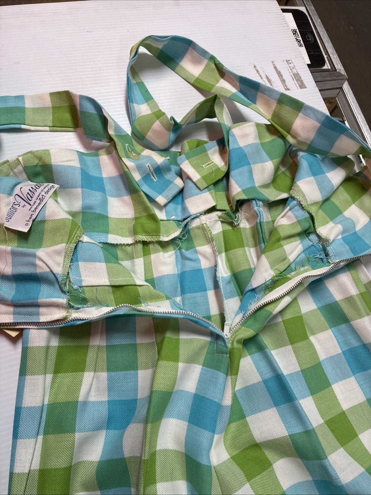 Vintage 50s Juniors by Vassar Blue Green & White Plaid Pants w/Suspenders Size 7