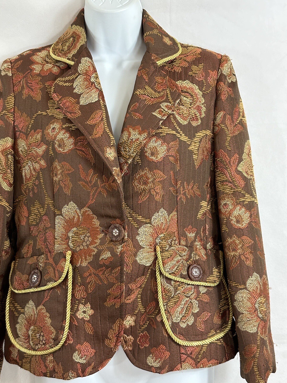 Vintage Ninety Sz 4 Floral Tapestry Woven Blazer Jacket Faux Diamond Buttons Pkt