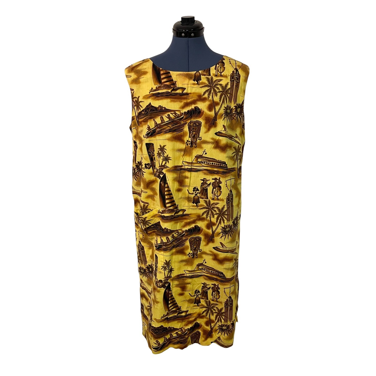 Vintage Fashions of Hawaii Yellow Aloha Airlines Tiki Sleeveless Shift Dress XL