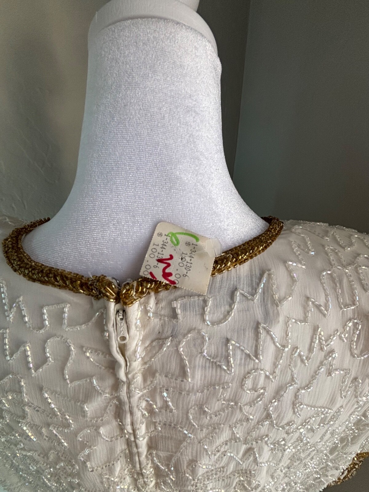 Vintage Brilliante by J.A. 100% Silk White and Gold Beaded Dress-XXL