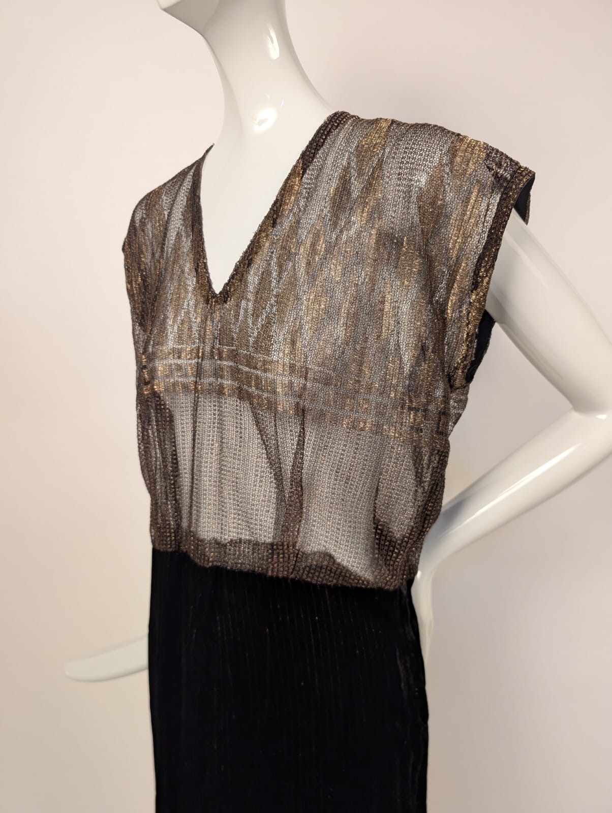 1940’S METALLIC GOLD LAME LACE + LAME PINSTRIPED VELVET DRESS