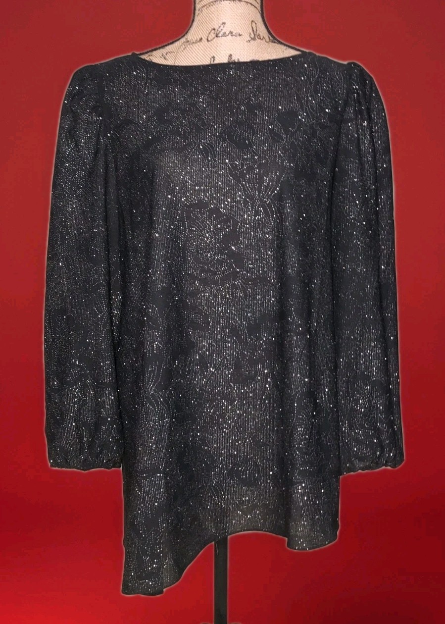 Vintage Riccardo – Sparkling Black Floral Pattern Asymmetric Tunic – Size 14 1/2