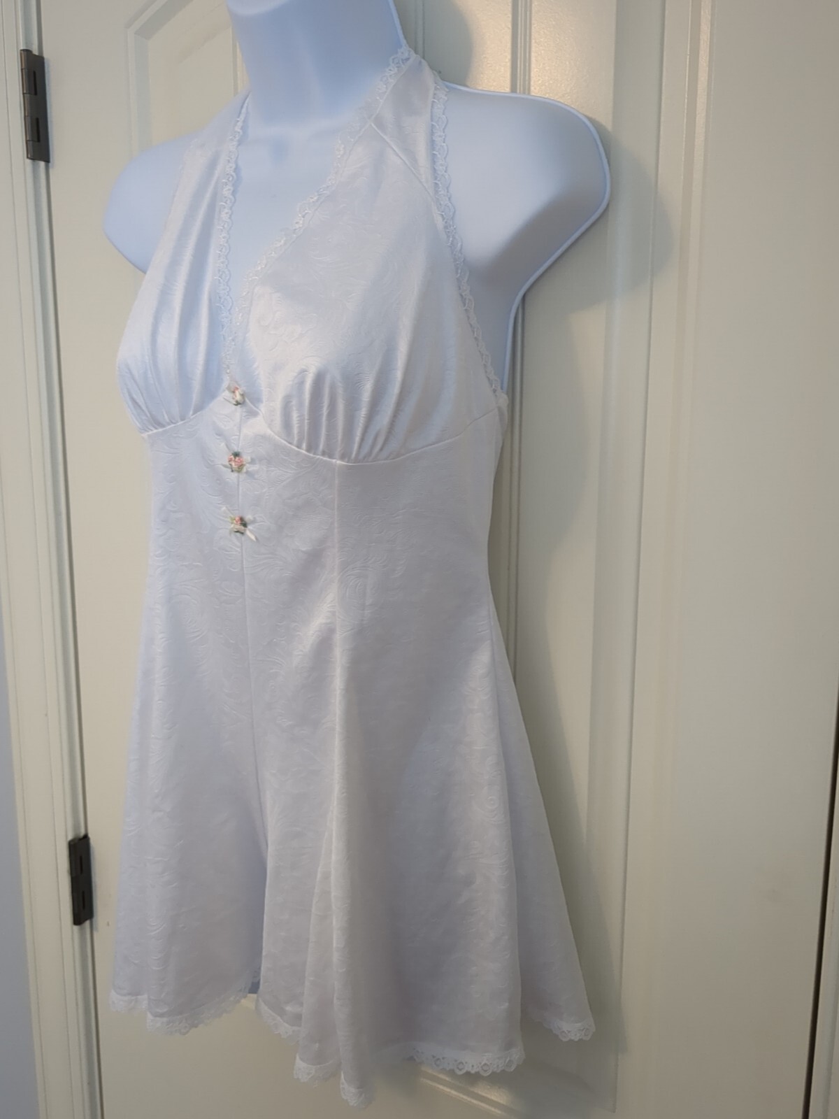 VTG Petra Fashions Liquid Shiny Wet Satin Teddy Romper Playsuit Floral White MED