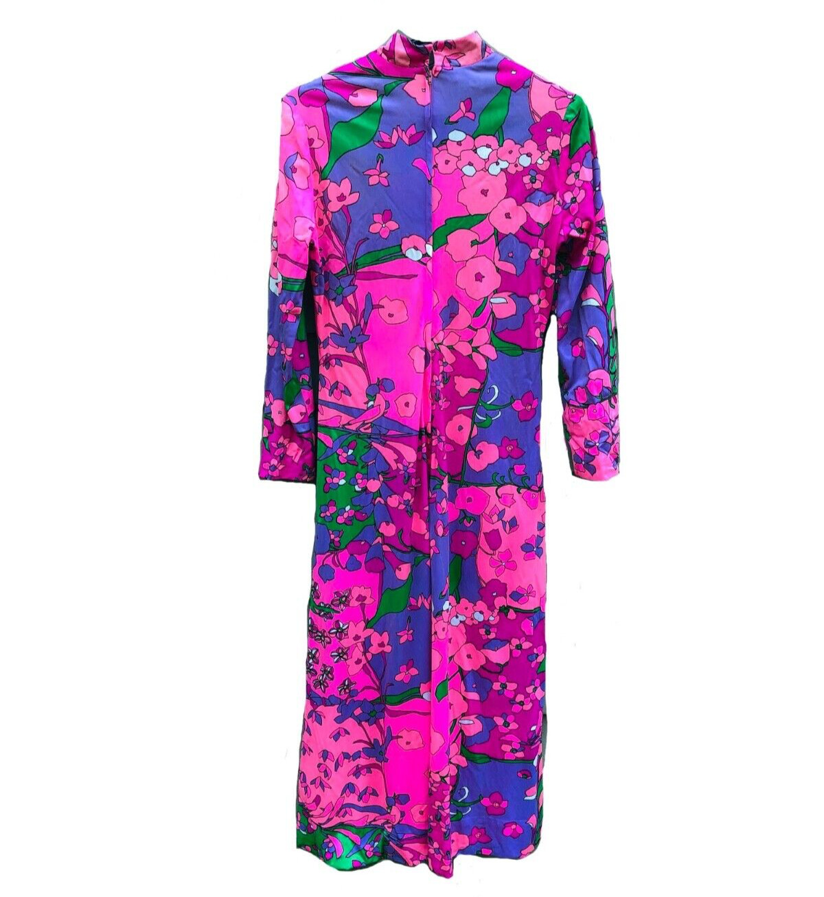 Vintage Mod ’70s Wild Trippy Hot Pink Purple Green Floral Polyester Maxi Dress M