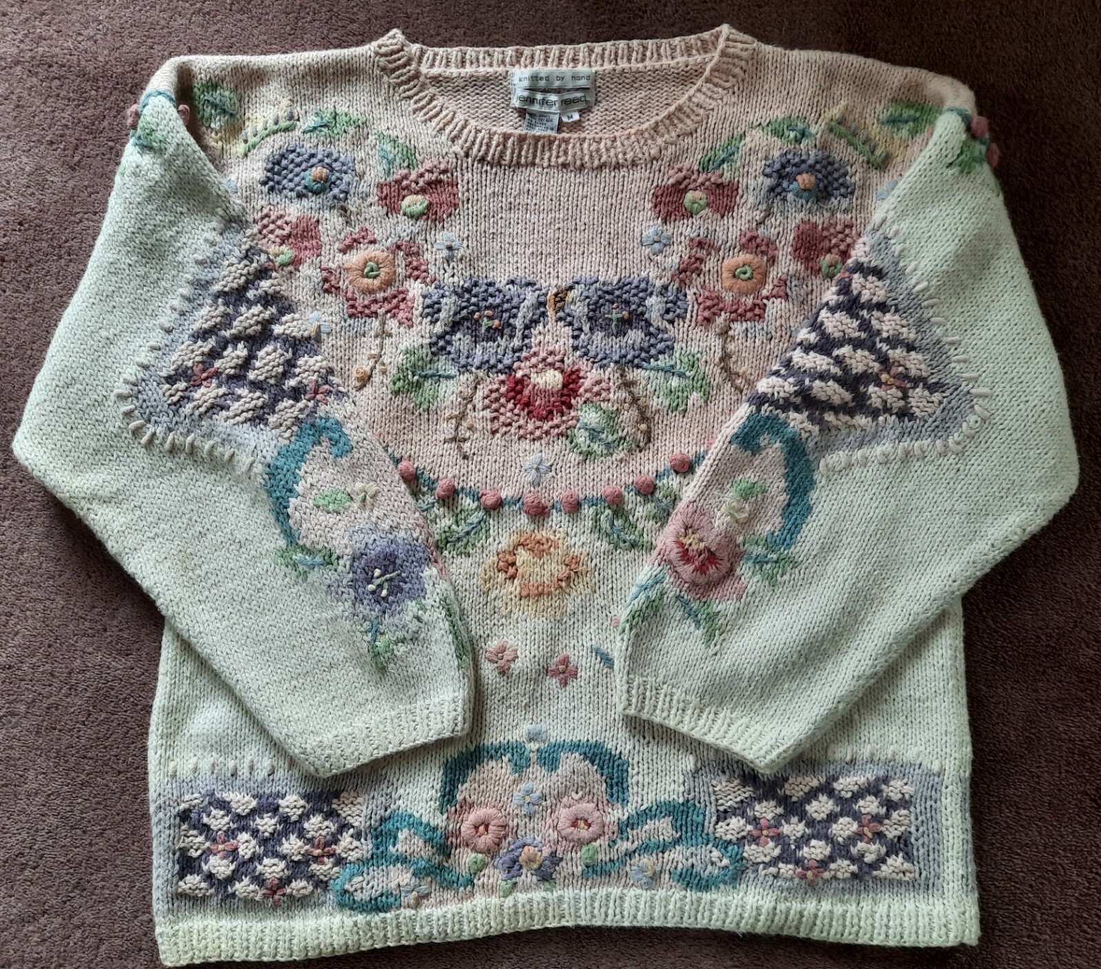 Jennifer Reed HAND KNIT 90’S Cream SWEATER W/ Flowers VINTAGE Cottagecore Size M