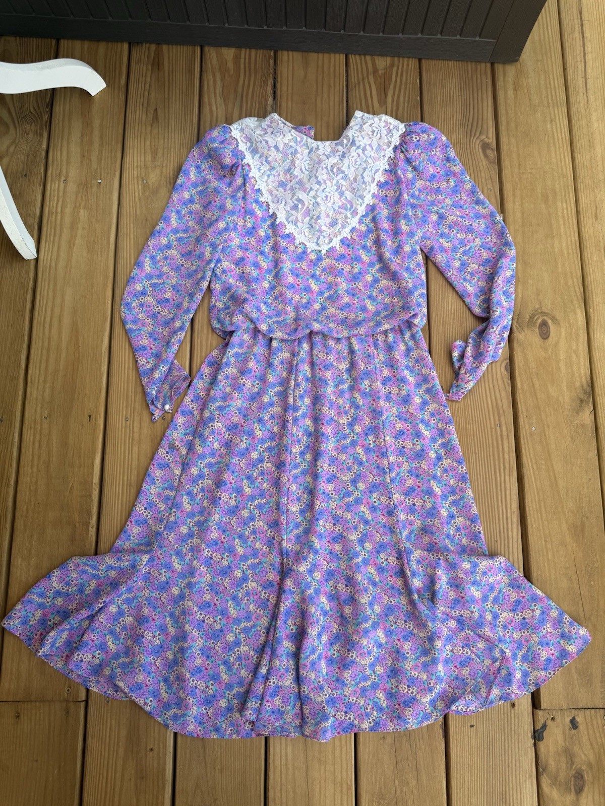 Vintage 80s JT Dress Floral Prairie Dress Lace Collar Purple Sz 6 Cinched Waist