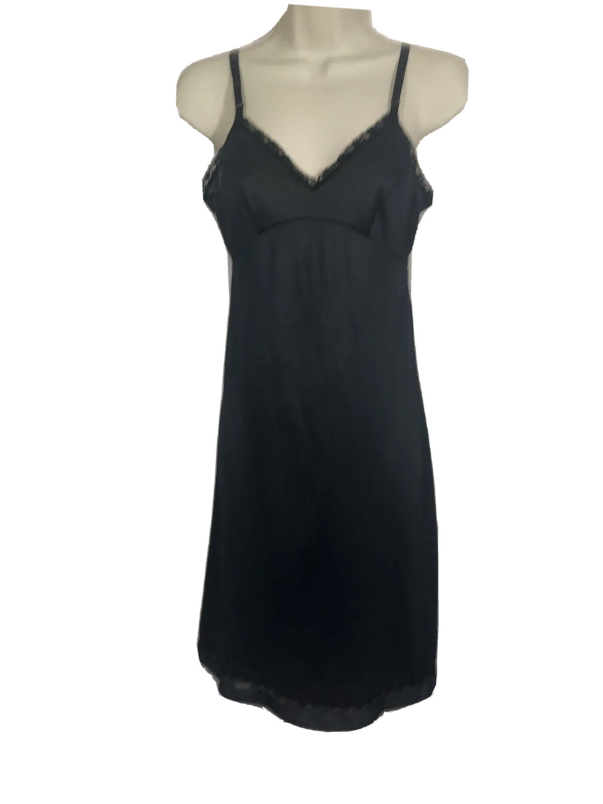 Vintage JC Penney 10/32 Black Nylon Full Slip Nightgown ILGWU Tag Lace Trim Sexy