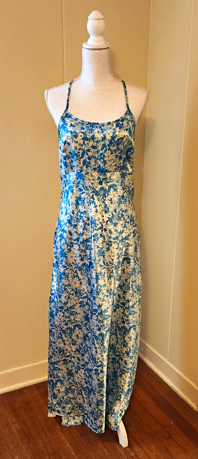 Vintage Esprit Floral Slip Dress Blue Satin Maxi Grunge Coquette USA 90s M-8/10
