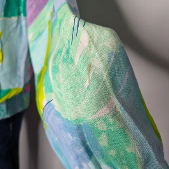 Vintage Jo Hardin Blue Green Pink Colorful Abstract Artsy Blouse 10
