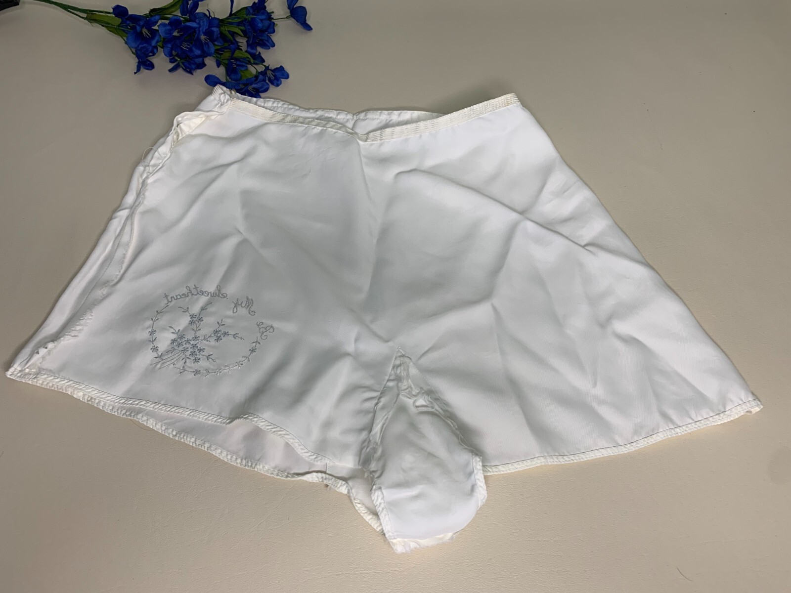 Vintage 1930s Silky White Satin Rayon Embroidered Step Ins Side Button Tap Pants