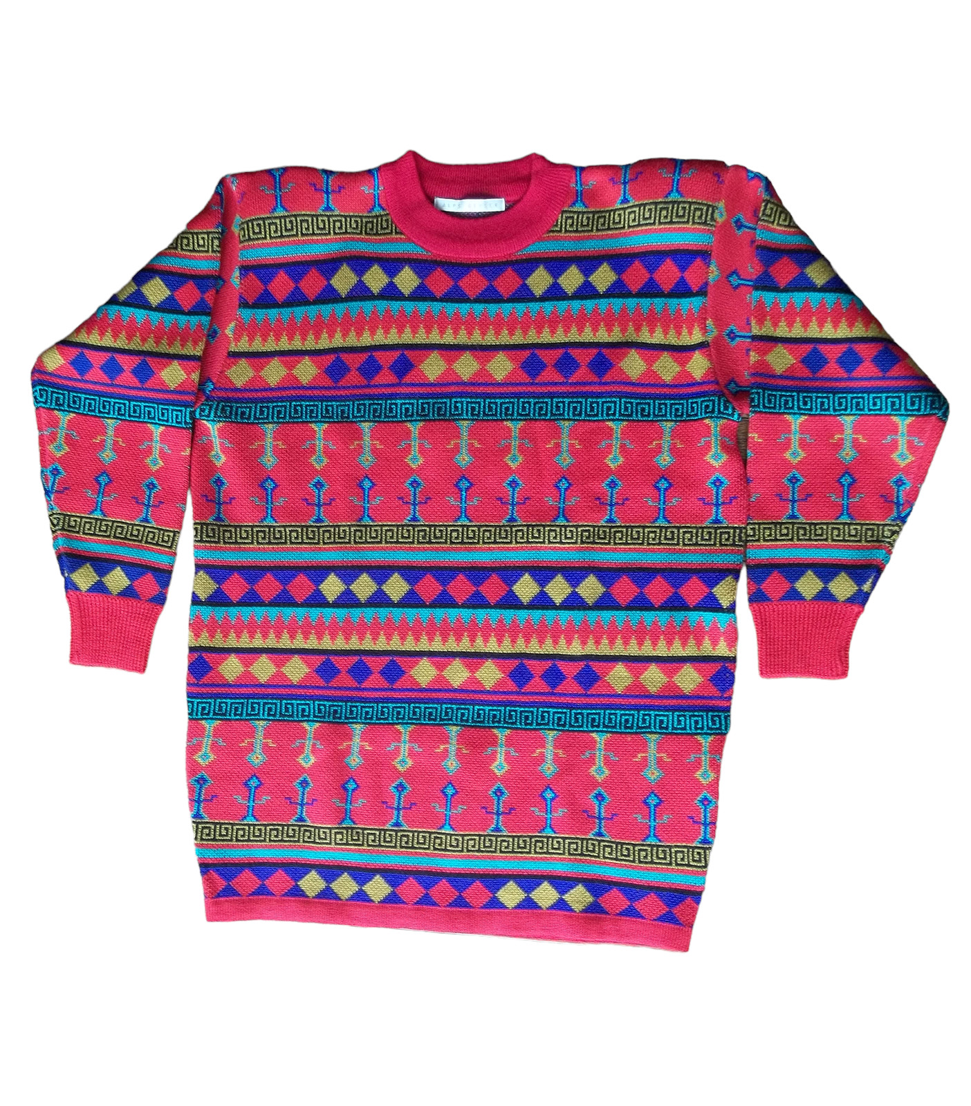Vintage 90s Alps Geyser Slouchy Tribal Pattern Crewneck Bright Knit Sweater Sz M