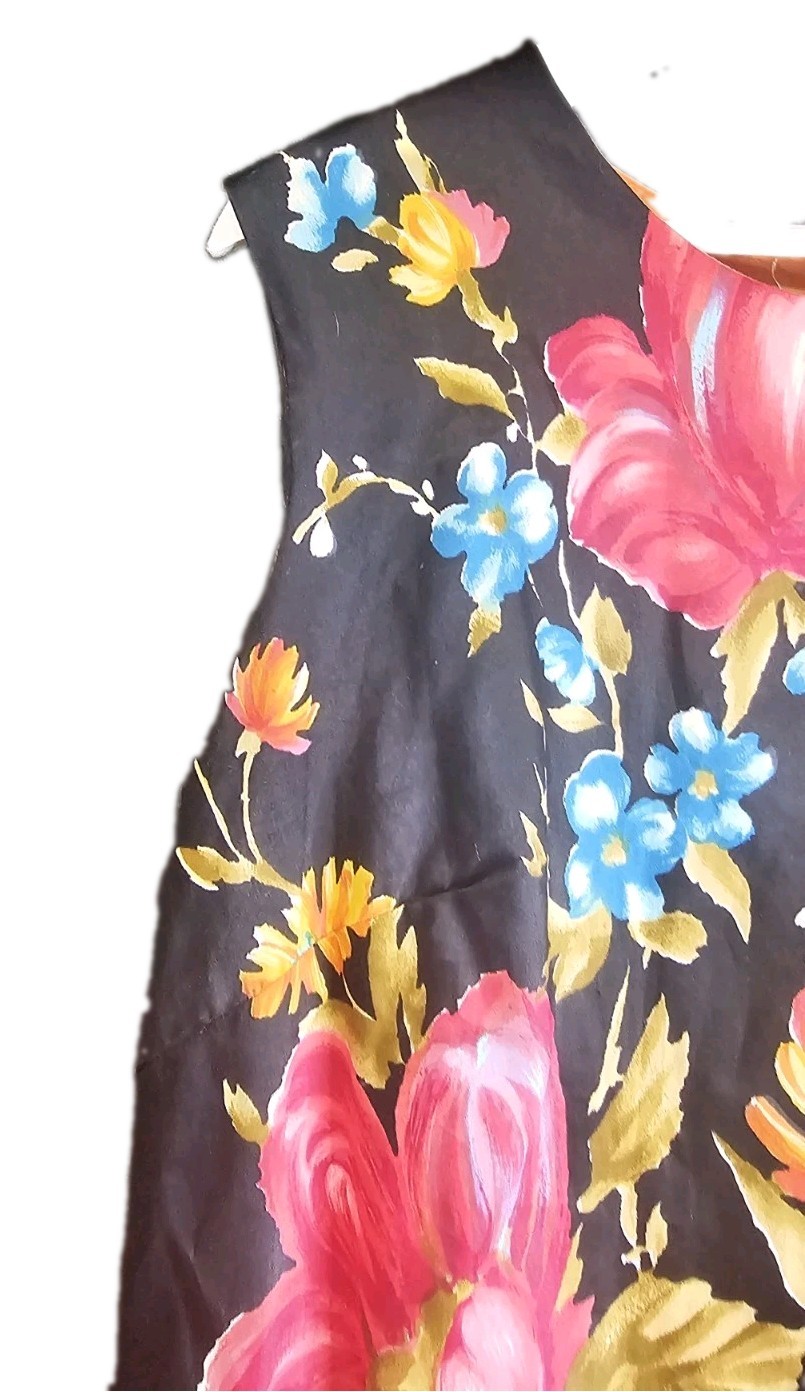 Vintage 70s It’s Apropos Hand Screen Printed Floral Shift Dress Black XL Miami