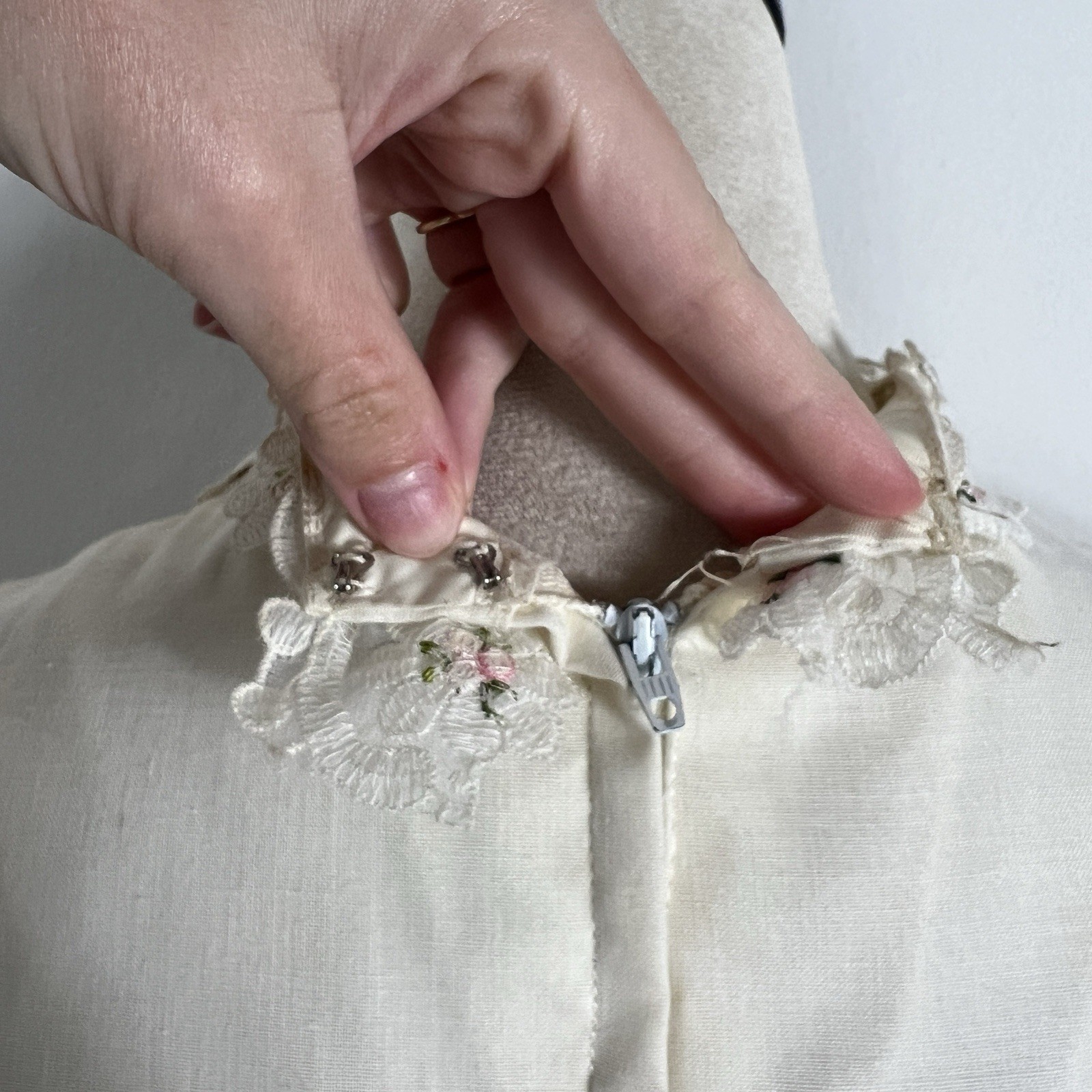 Vintage 1970’s Wedding Dress White Pink Rose Details Prairie Cottage Modest
