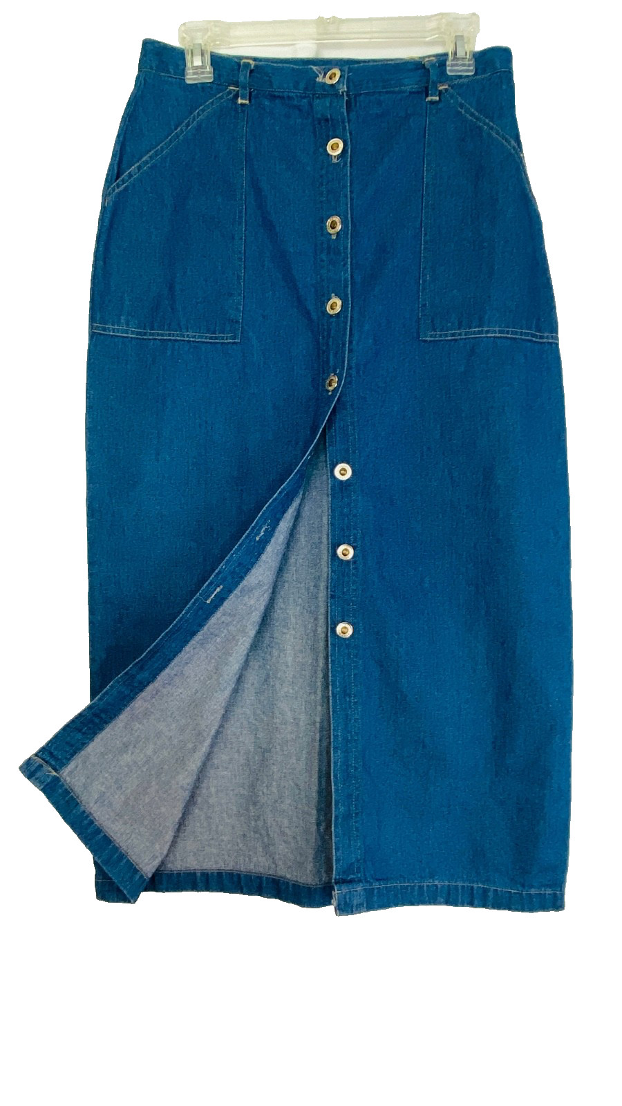 Vintage 1990s blue denim midi skirt M cotton button front pencil pockets