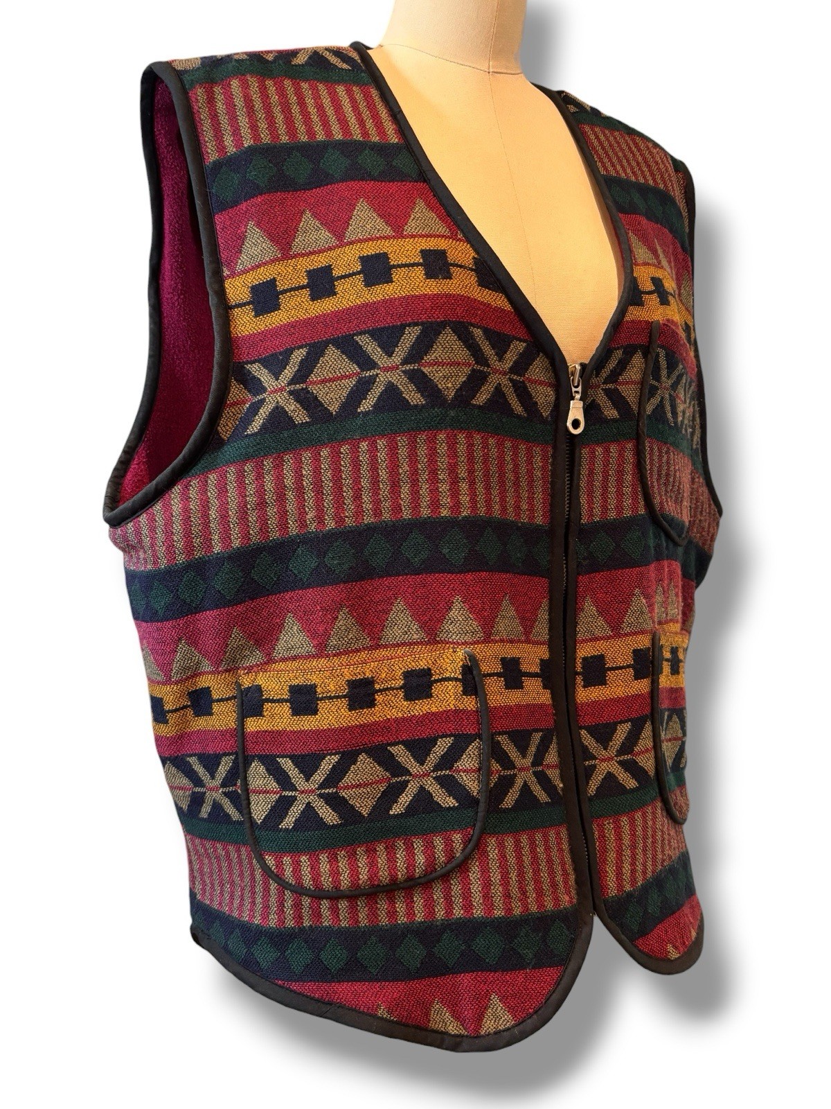 Vintage Geometric Design Zip Up Insulated Vest By Rough USA Women’s Size Medium