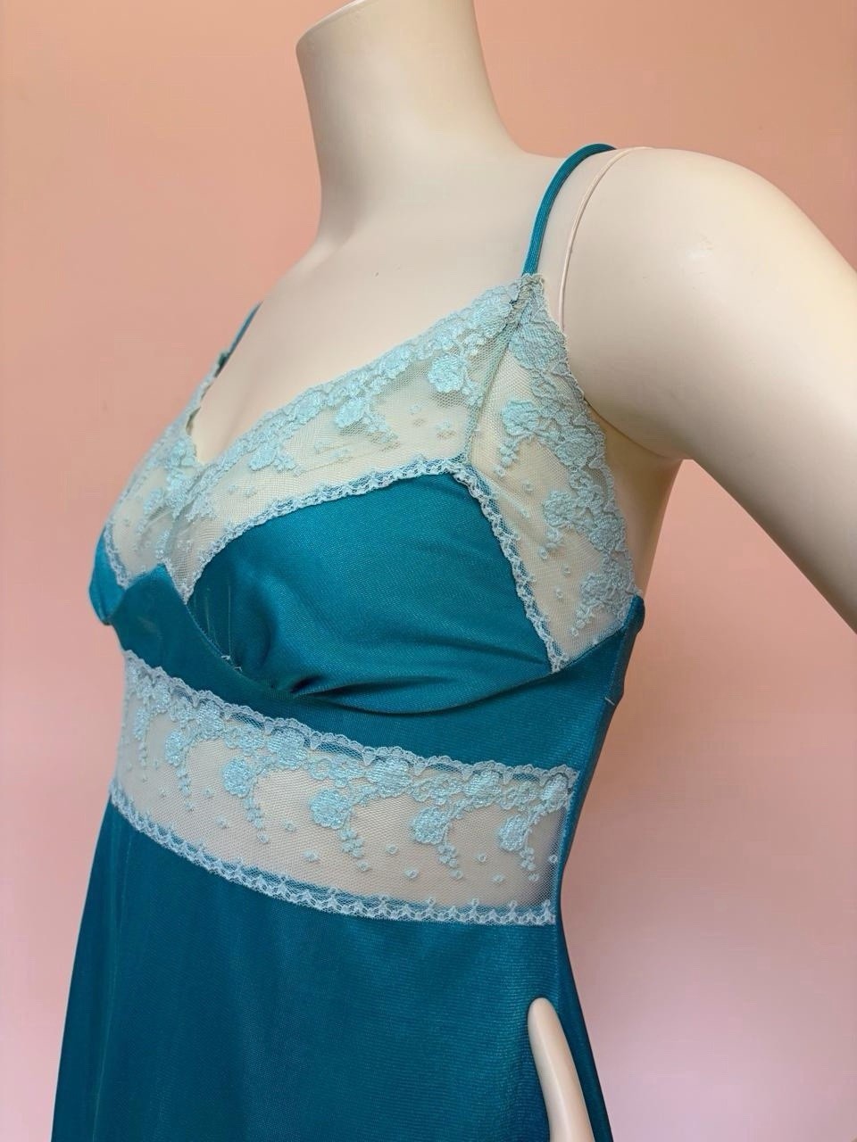 Vintage 70s/80s Teal Lace Lingerie Fairy coquette romantic Slip Dress Nylon L