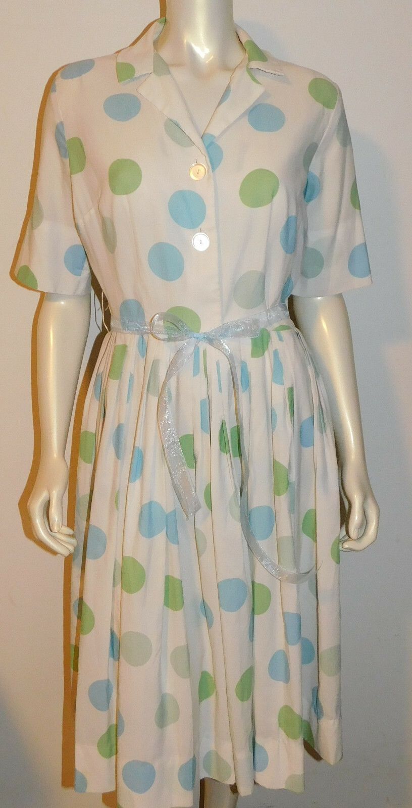 Polka Dot Vintage Dress 8 10 12 Fitted Blue Green SS Pleated Full Skirt Button