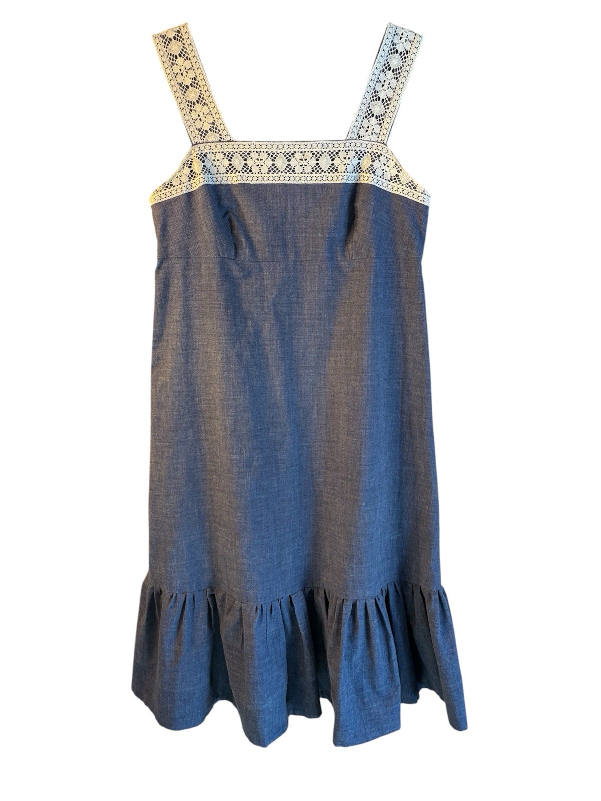 VTG 70s Denim Handsewn Dress Lace & Ruffled Hem Women’s 30/34 XXS