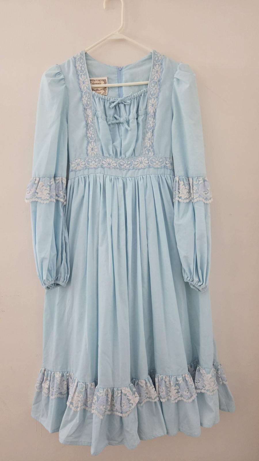 Gunne Sax Blue Prairie Bow Lace Ruffle Long Sleeve Back Zip Dress Size 11