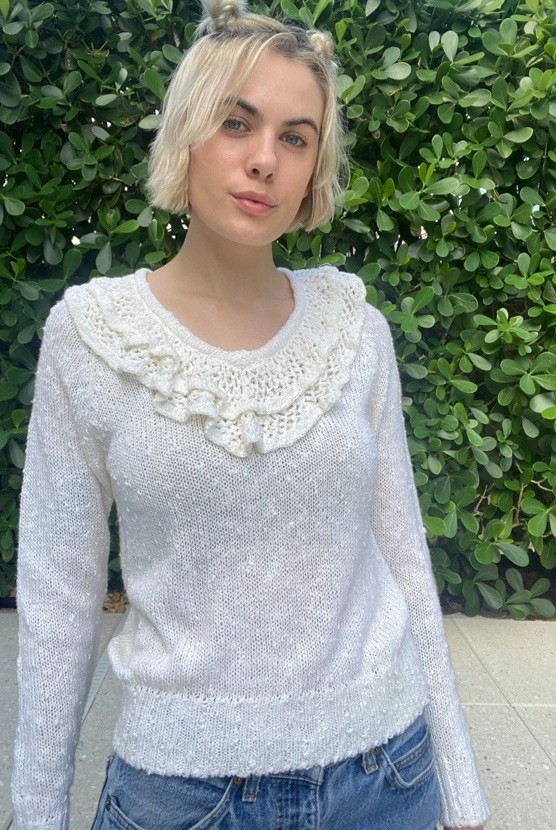 Vtg 80s LeRoy knitwear Ivory Sweater Sz Small Ruffle Crochet Cottagecore Frilly