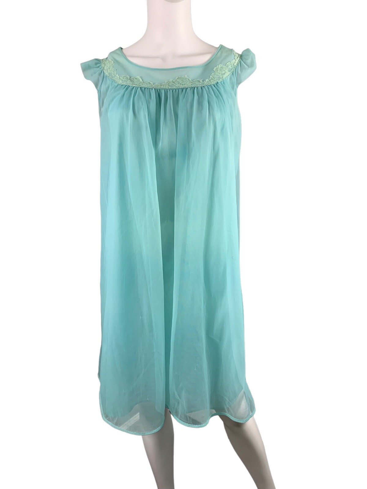 VTG Texsheen Lingerie Chiffon Green Blue Nightgown Dress Nylon Sheer Lace 32