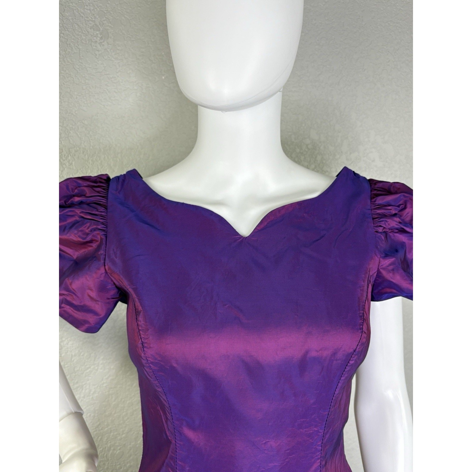 Vintage 80s Alfred Angelo Midi Dress Puff Slv Iridescent Purple Taffeta Prom S