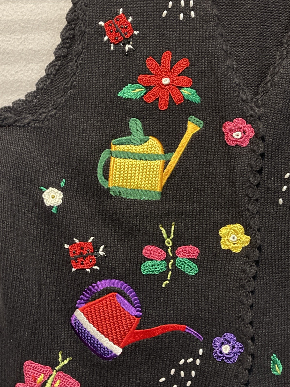 1980s Mandal Bay Womens M Gardening Sweater Vest Black Novelty GrandmaCore Vtg