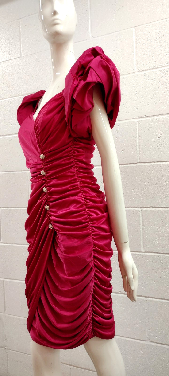 80s Couture Dress Pink Fuchsia Balloon Sleeve Rhinestone Buttons SAMIR 80s M