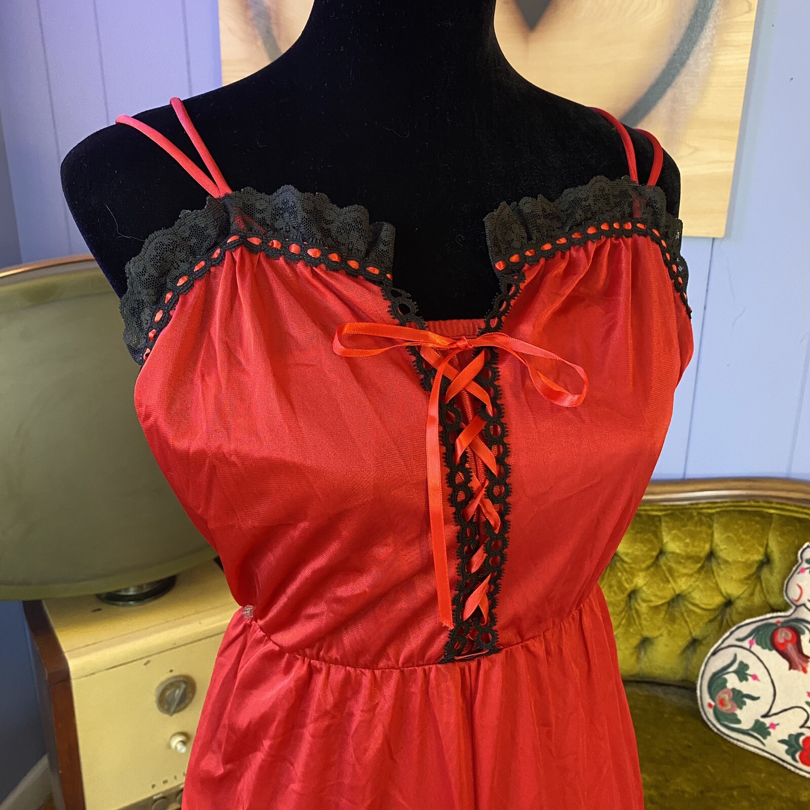 Vintage 70s Lady Cameo Lingerie Harley Quinn Red and Black Lace Nylon Jumpsuit