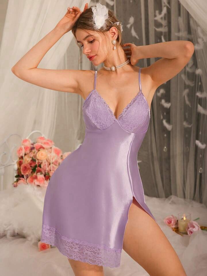 Glossy Embroidery 2nd Skin Satin Babydoll Cami Nightdress Dress Nightgown L NEW
